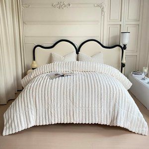 Ivory Soft Faux Fur Cream Bedding Set Striped Comforter Shams King Size Bed New